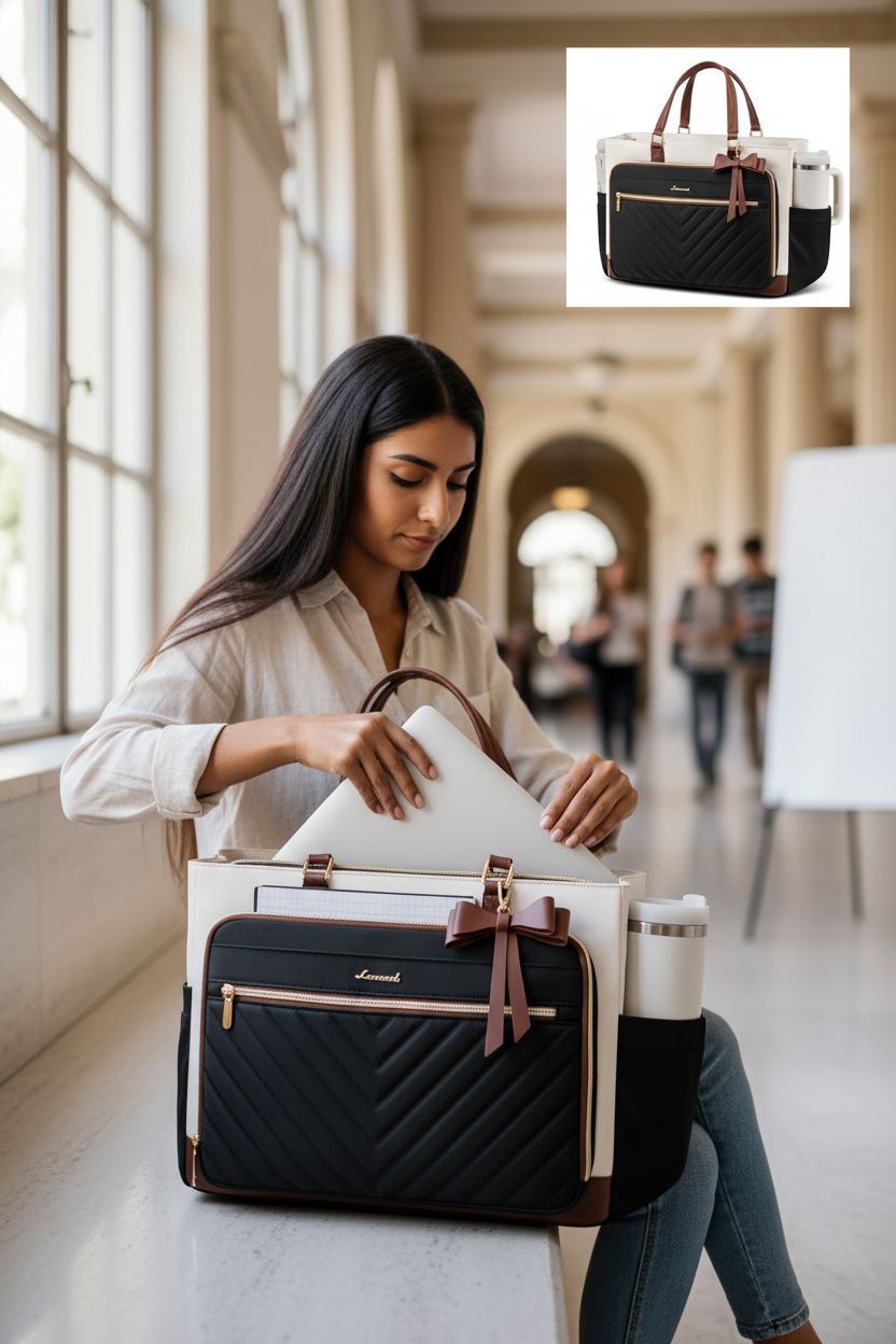 LOVEVOOK Teacher Tote Bag in a bright campus hallway with a laptop and planner.