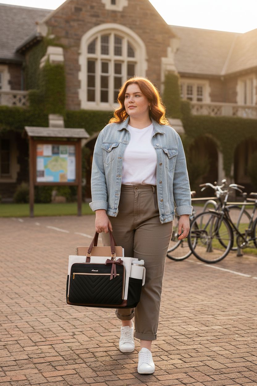 LOVEVOOK Teacher Tote Bag on a campus path, showcasing its quilted design and cup holder.
