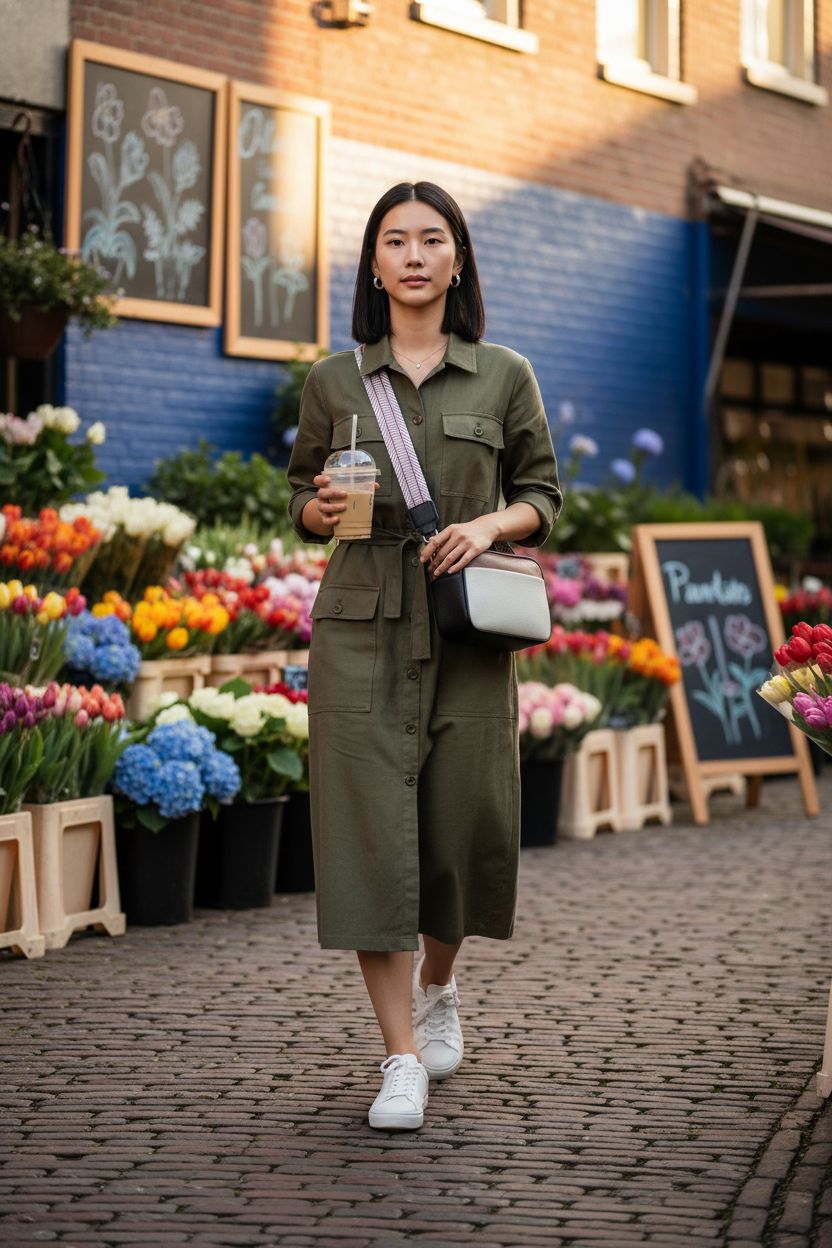 Utenwat small crossbody color block camera bag worn with a midi dress at a flower market