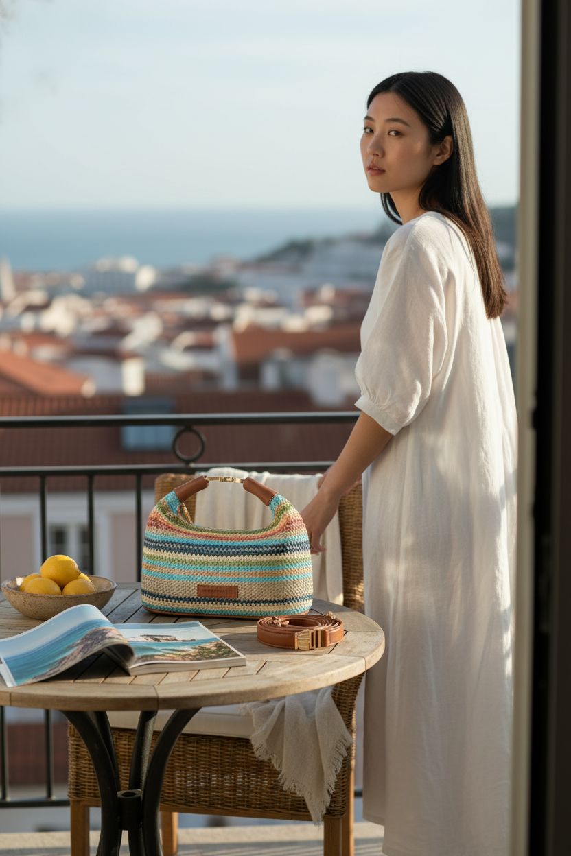 Colorful Missnine straw purse on a breezy balcony, perfect for coastal getaways