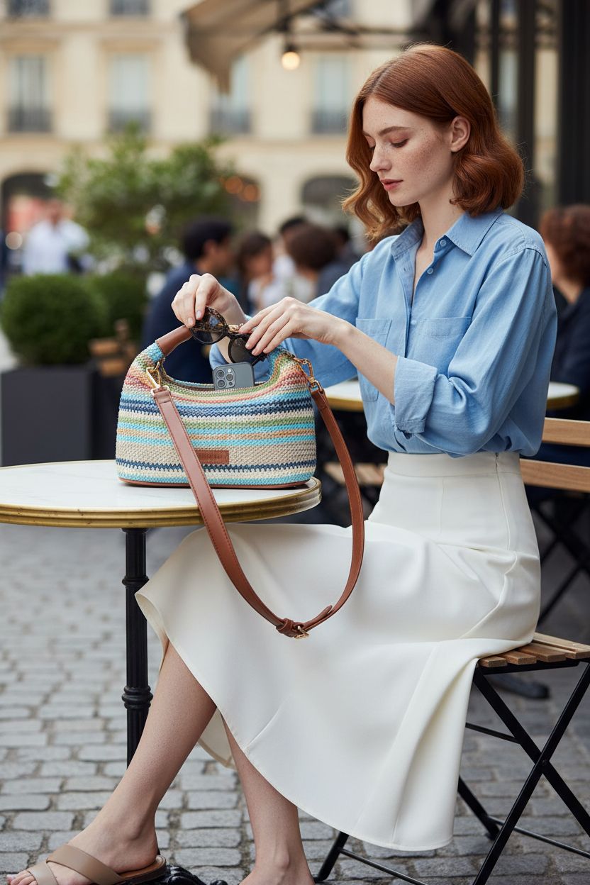 Missnine colorful raffia purse showcasing interior pockets at a chic café setting