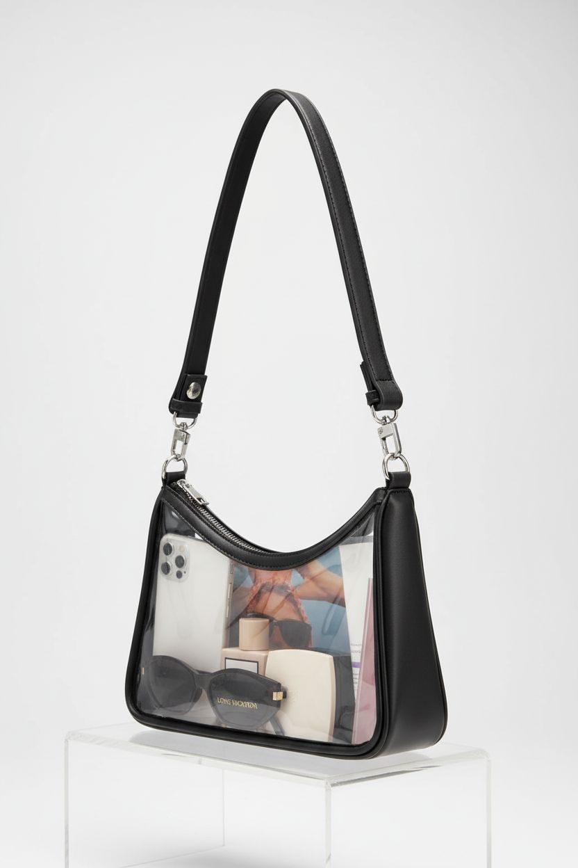 LONG VACATION clear bag on display, featuring YKK zipper and durable PVC material