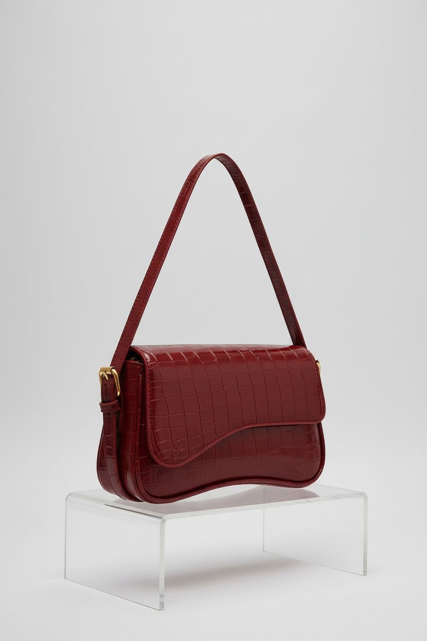 HitTopss small red shoulder bag with croc embossing displayed elegantly on a gray backdrop.