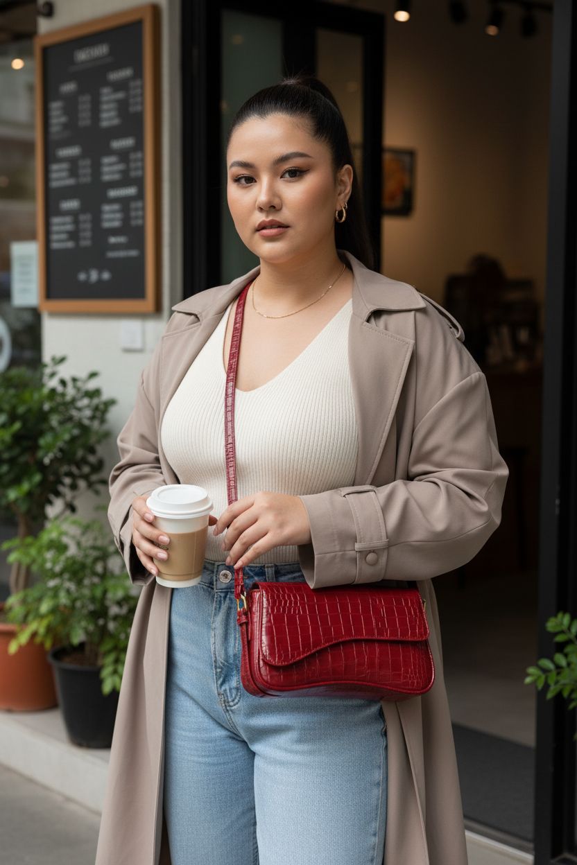 Red Y2K crocodile shoulder bag by HitTopss, styled with cream knit and jeans at a café.