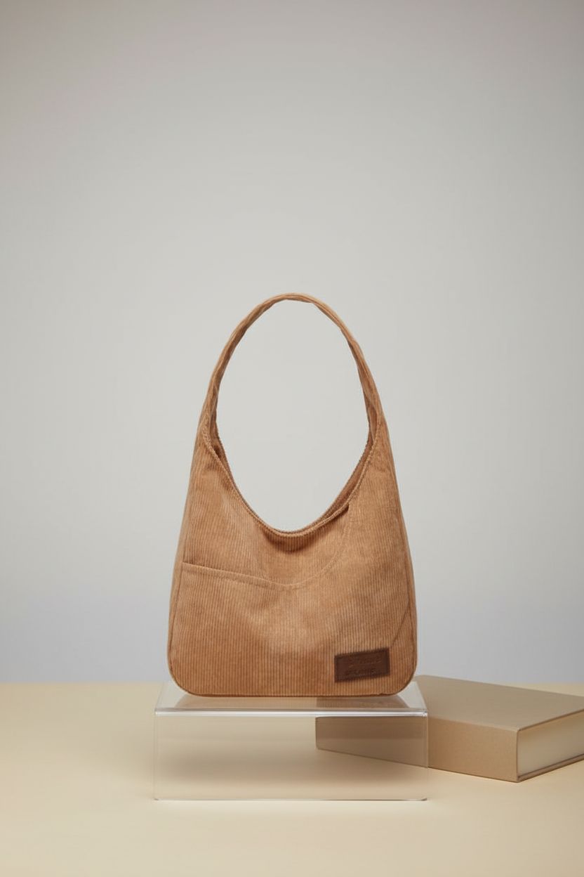 Product shot of Tellrain corduroy tote bag, showcasing texture and design details