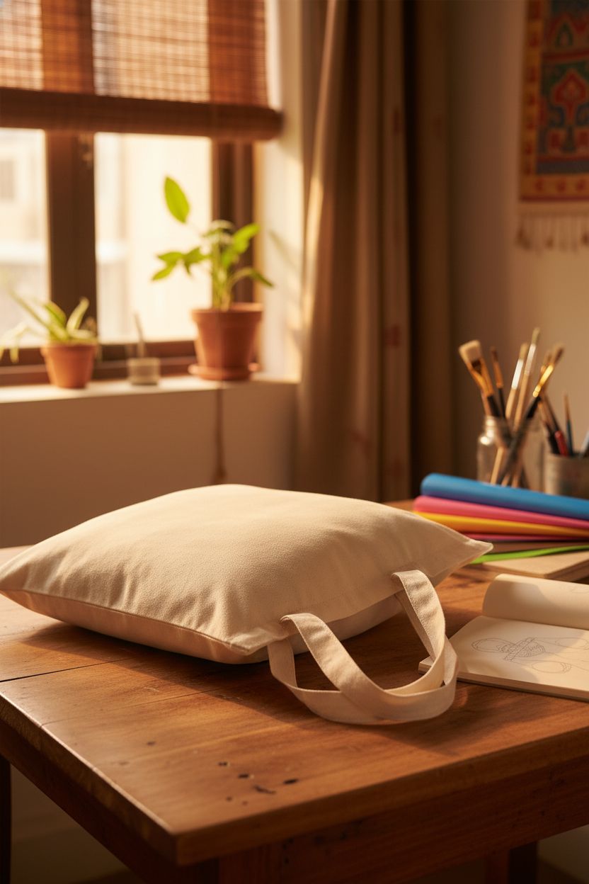 TOPDesign cotton tote bag in cozy craft nook, ideal for DIY projects and creativity.