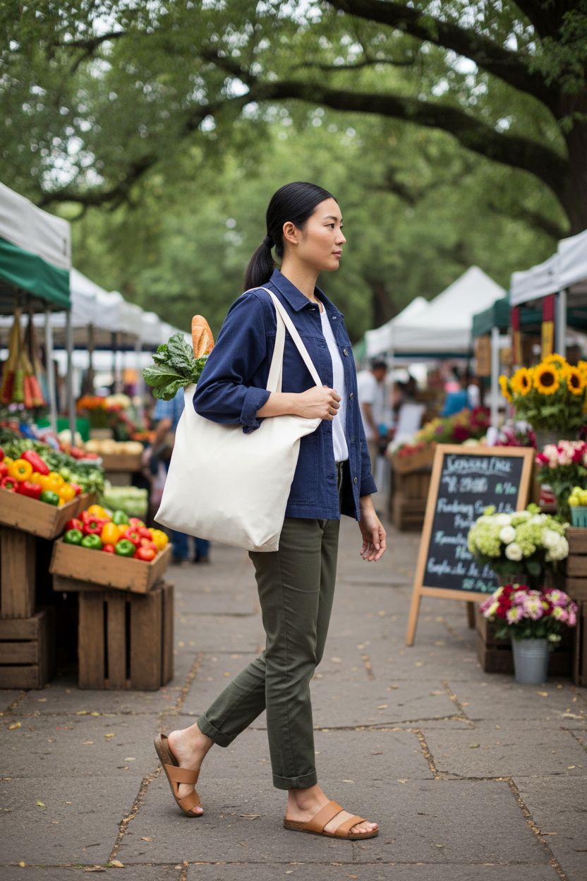 TOPDesign cotton tote bag at farmers' market, filled with fresh produce and a baguette.