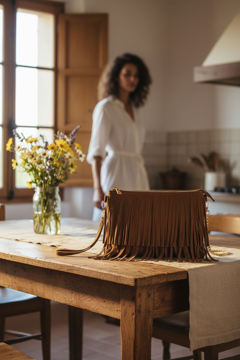 HOXIS fringe bag resting in a sunlit country kitchen nook