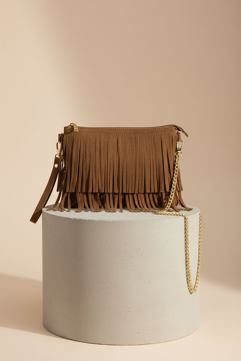 HOXIS brown fringe bag showcased on a studio backdrop
