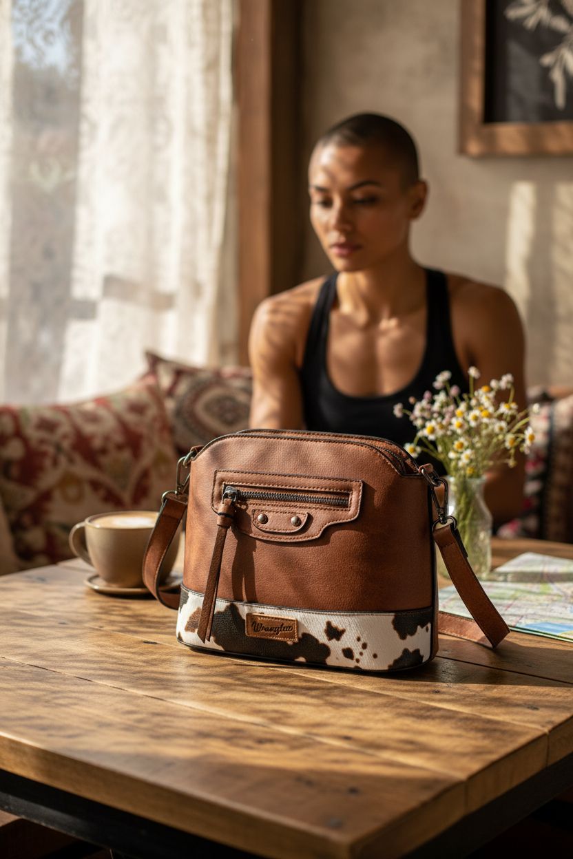 Cozy café scene with Wrangler cow print purse on a rustic table