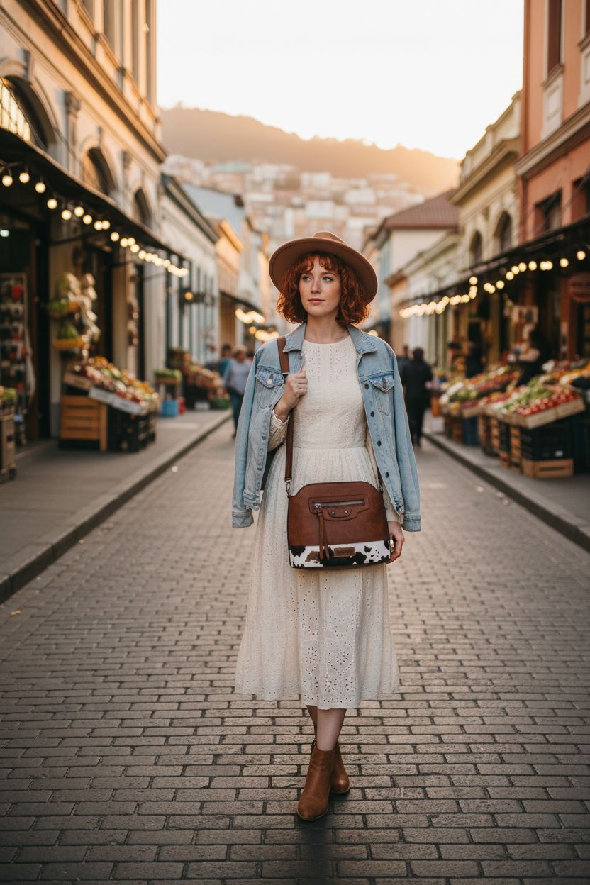 Wrangler cow print purse styled with a cream dress in a charming street setting