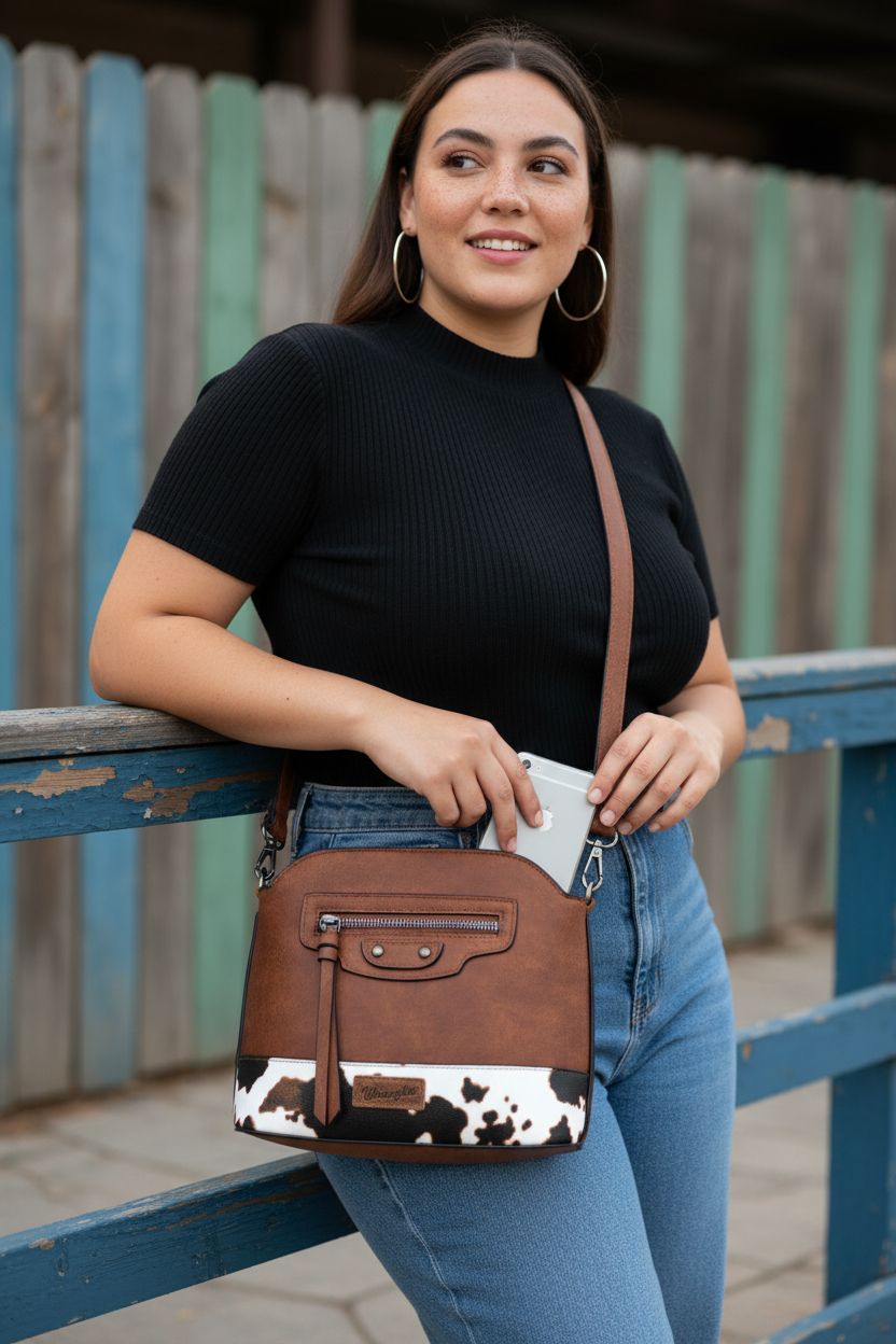 Wrangler cow print crossbody bag with adjustable strap at a music venue