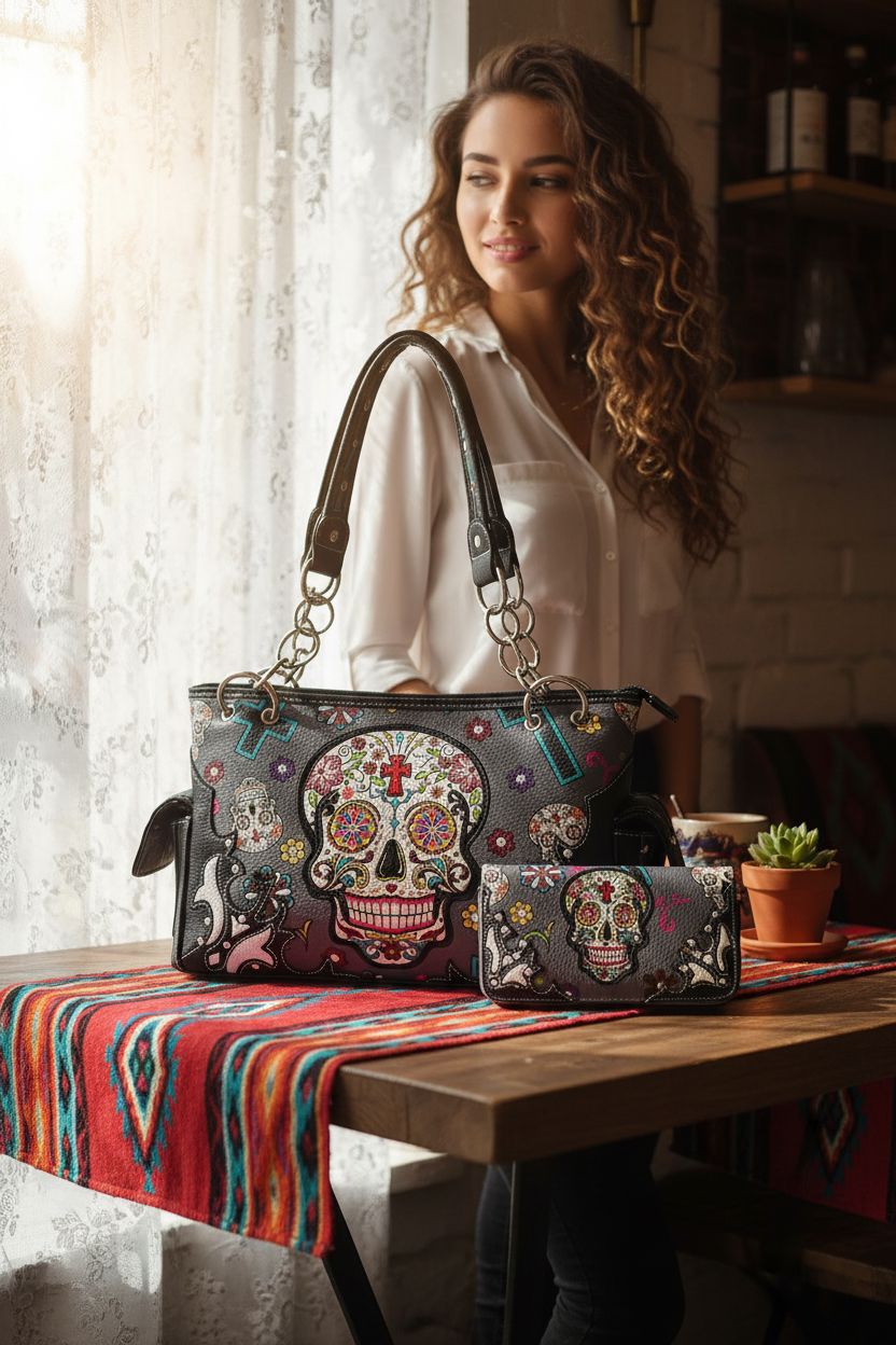Cozy Southwestern café scene featuring Cowgirl Trendy Sugar Skull Purse on rustic table