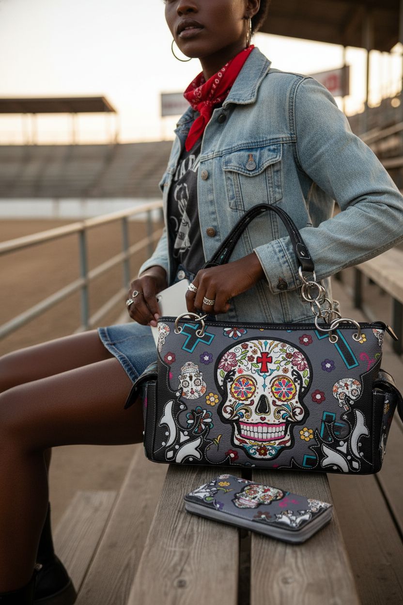 Grey Sugar Skull Rose Flower Purse from Cowgirl Trendy resting on hip with silver hardware