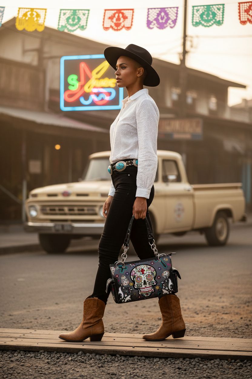 Cowgirl Trendy Sugar Skull Purse swinging in vibrant Bali setting with vintage vibes