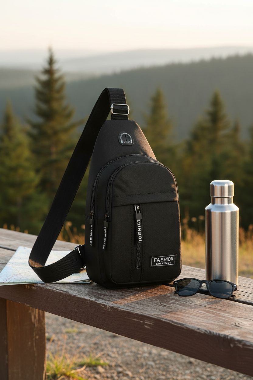 JYNBELSOR sling bag resting on a bench with a map and bottle, perfect for outdoor adventures.