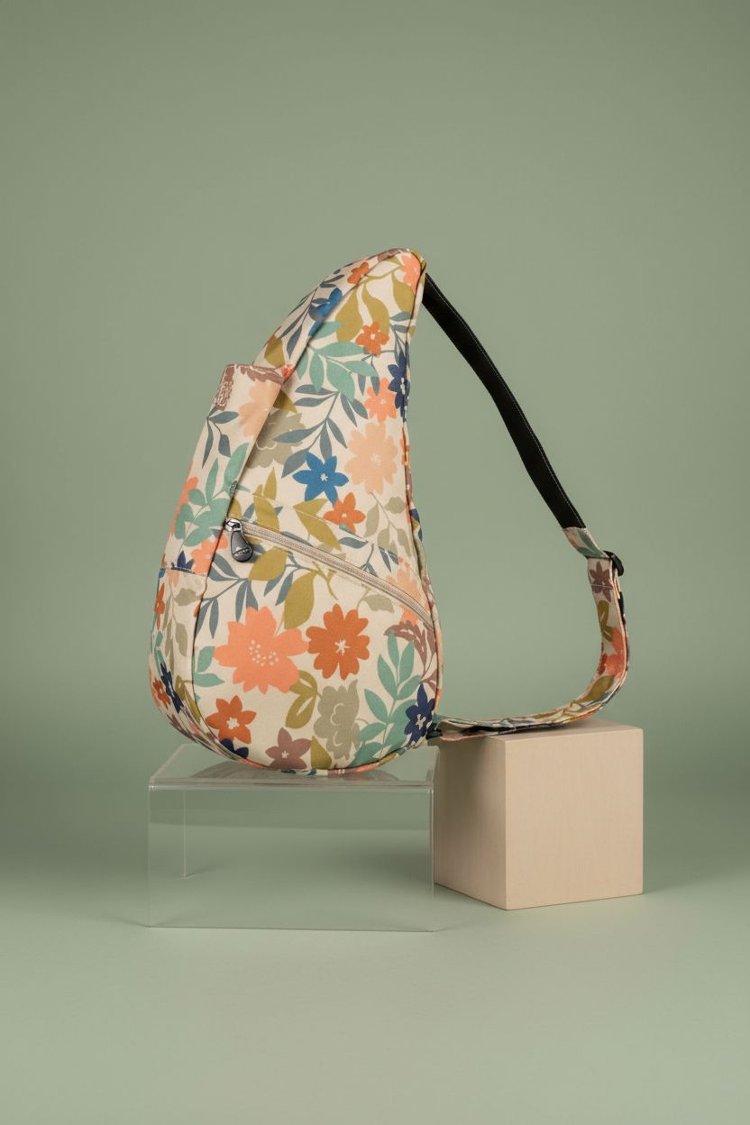 Close-up of AmeriBag ergonomic crossbody bag highlighting recycled material and stylish design.