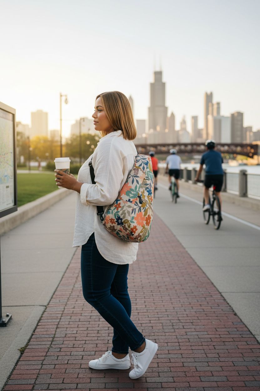 AmeriBag crossbody sling bag securely worn, ideal for hands-free strolling along a riverside.