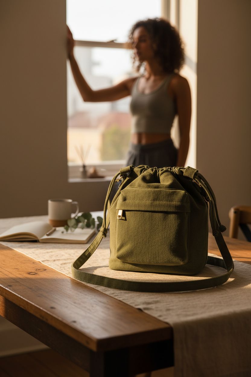 Cozy home setting with Barsine olive green drawstring bag on a wooden table.