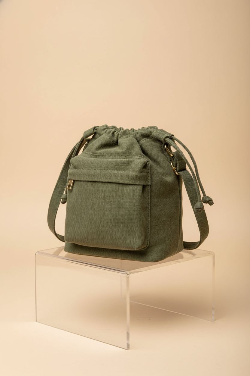 Barsine small olive green canvas bucket bag, showcasing quality and design.