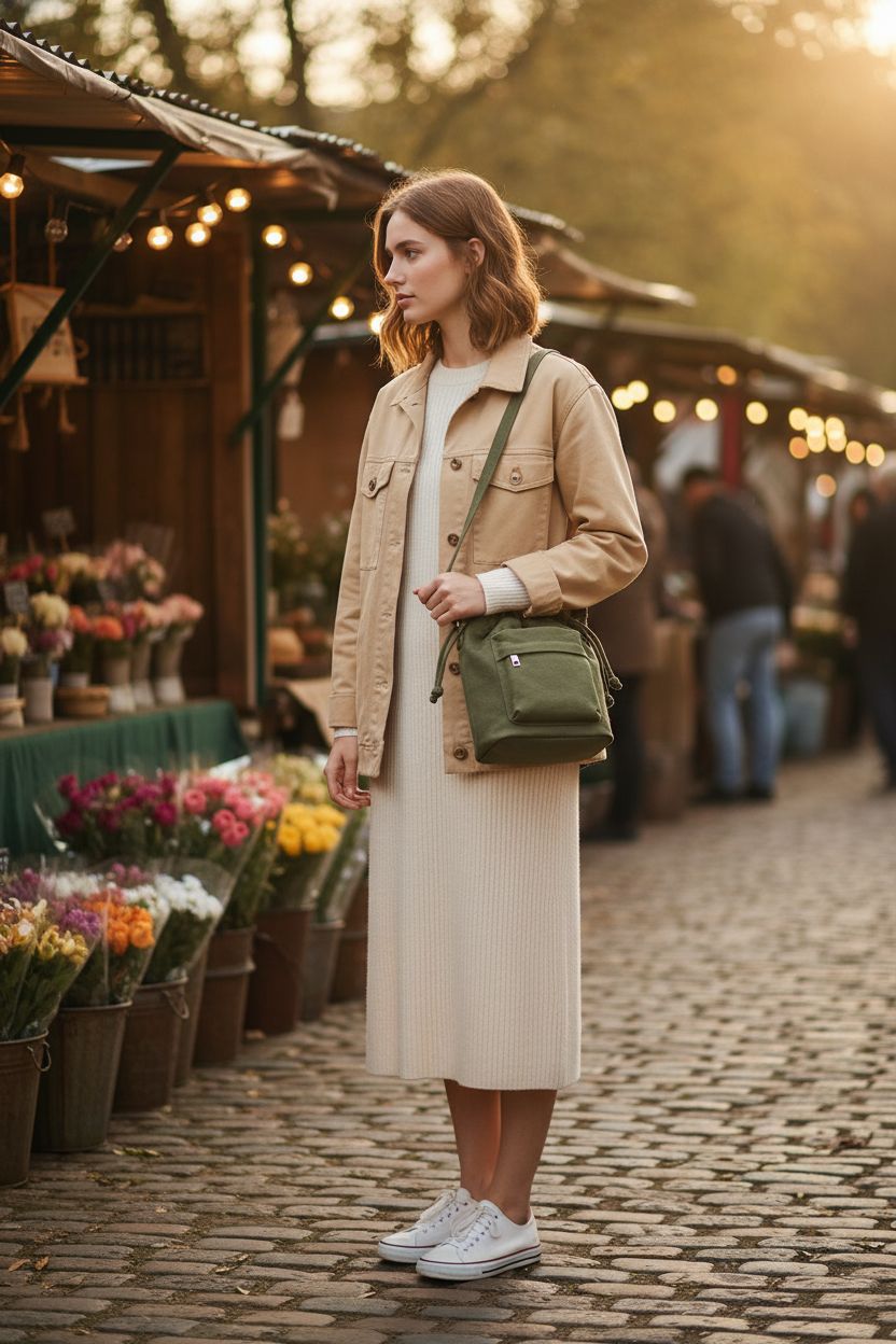 Women Small Canvas Purse by Barsine, olive green drawstring bag at a market.