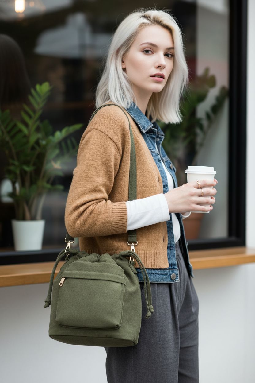 Barsine olive green drawstring crossbody bag at a café, stylish and functional.