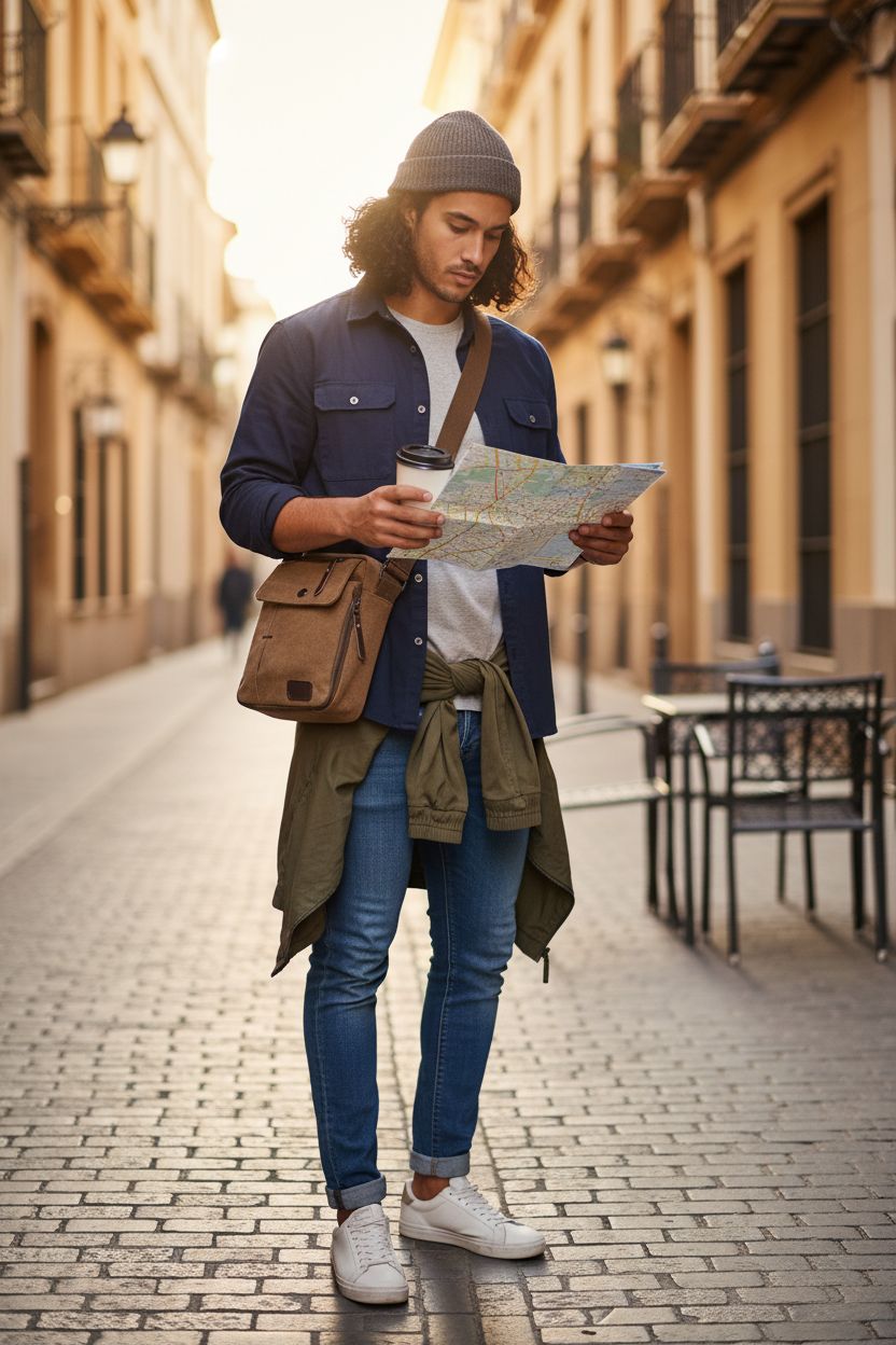 Dealcase coffee-brown crossbody bag stylishly worn while checking a map on a cobblestone street.