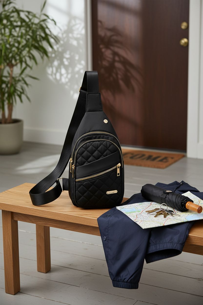 AOSTIHOT crossbody purse resting on a bench, highlighting its sleek design and practical features.