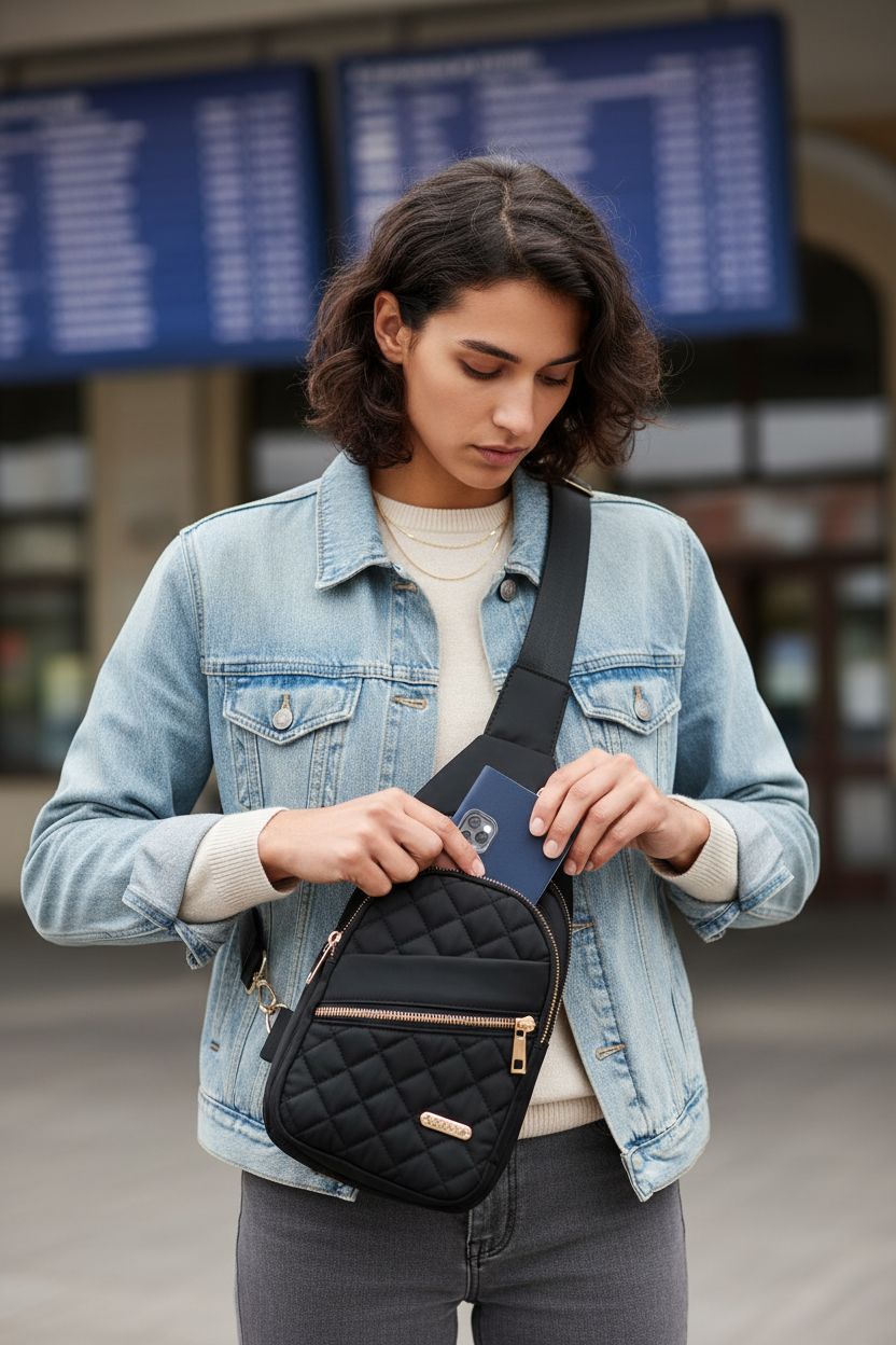 AOSTIHOT crossbody purse in use at a train station, showcasing its stylish design and functionality.