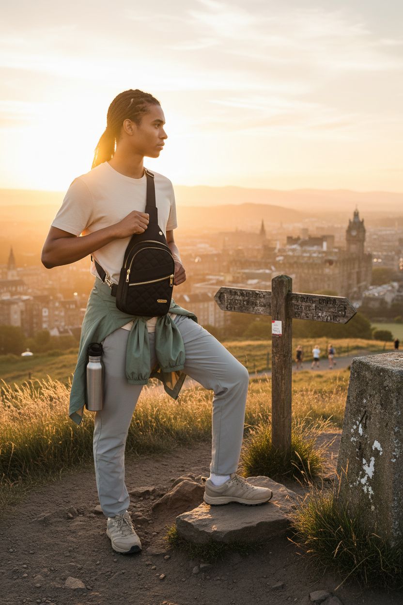 AOSTIHOT crossbody sling bag worn during a hiking trip, perfect for outdoor adventures and travel.