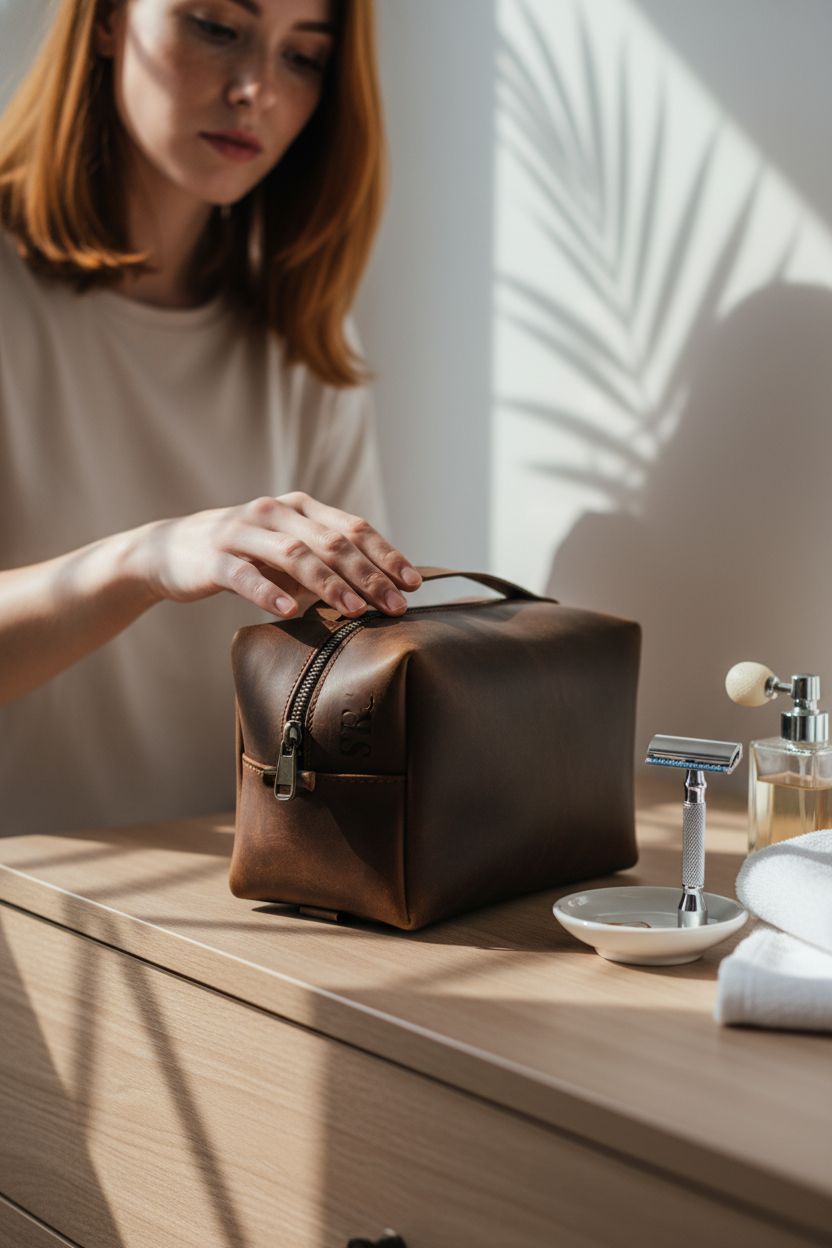 Cozy dresser vignette featuring Viva Workshop leather toiletry bag and accessories
