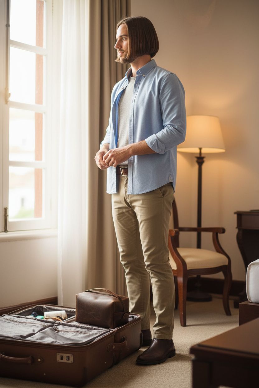 Custom leather toiletry bag by Viva Workshop in a sunlit hotel room setting