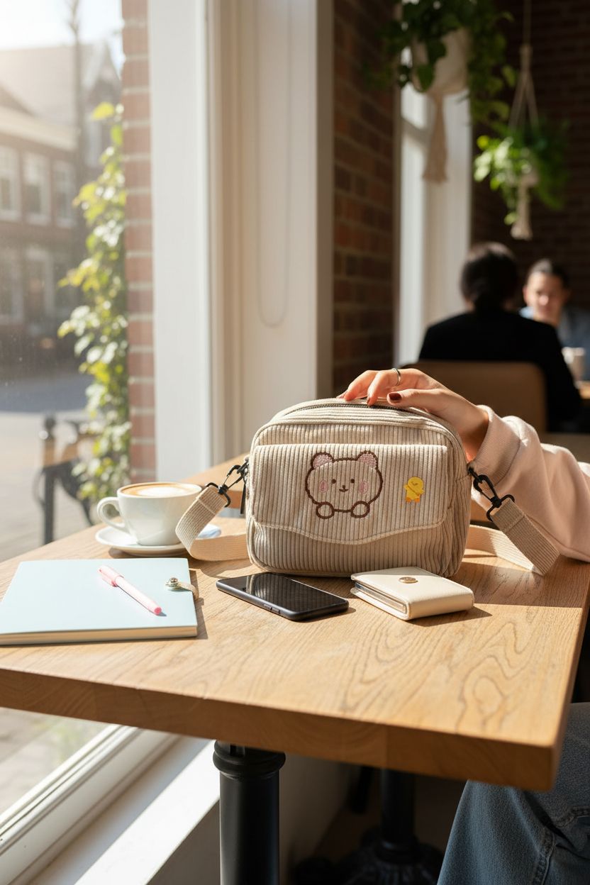 AWXZOM cute corduroy crossbody bag on a sunlit café table with study items