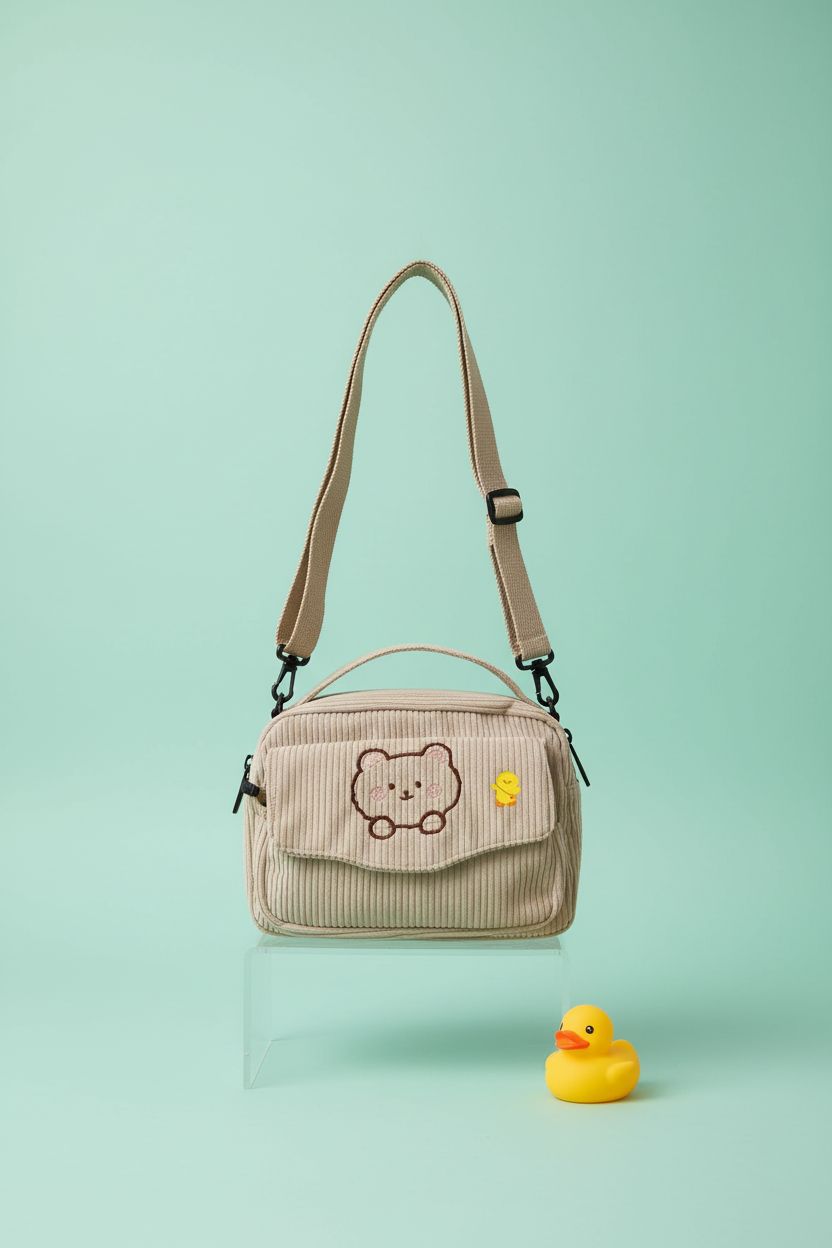 AWXZOM cute beige corduroy crossbody bag showcased on an acrylic riser