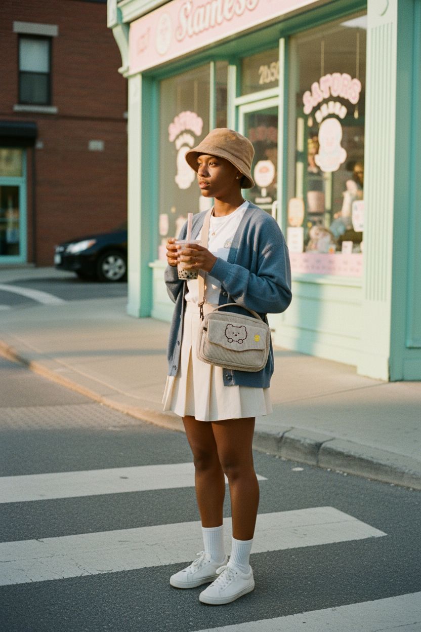AWXZOM cute beige corduroy crossbody bag styled in a pastel neighborhood setting