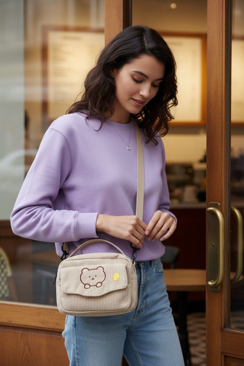 AWXZOM beige corduroy crossbody bag with bear embroidery in cozy café ambiance