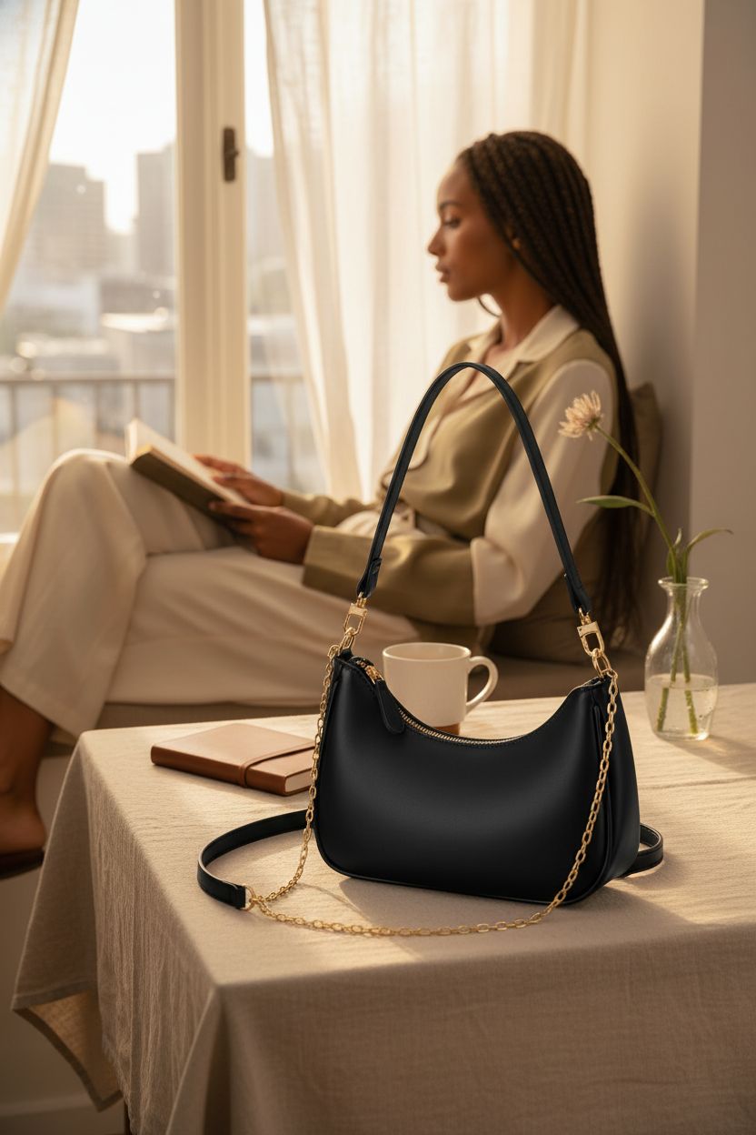 KKXIU shoulder bag resting in a cozy reading nook, showcasing its elegant design