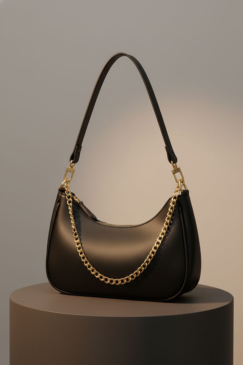 KKXIU cute hobo bag on a pedestal highlighting its sleek design and gold hardware