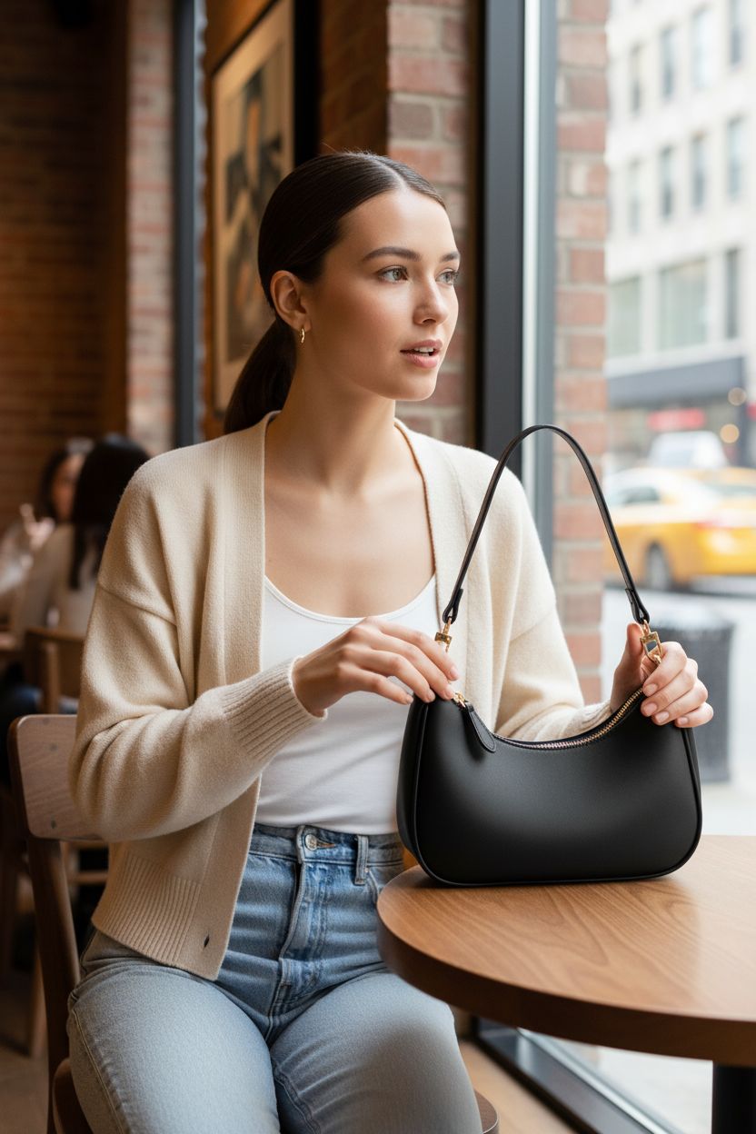KKXIU cute hobo shoulder bag with gold hardware, stylishly placed by a café window