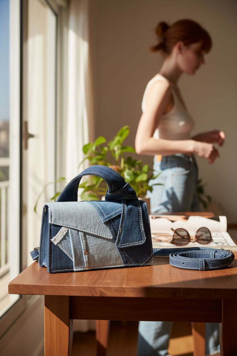 Arkefi denim patchwork bag resting on a console, showcasing relaxed elegance.
