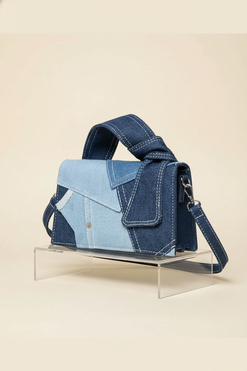 Arkefi denim patchwork purse displayed on a minimal backdrop highlighting its details.