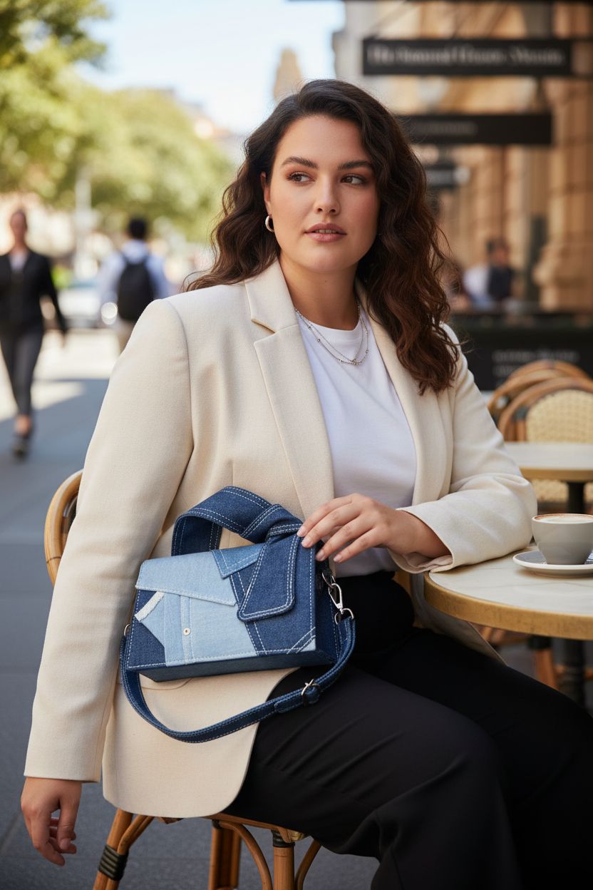 Arkefi denim patchwork purse on shoulder in a chic café environment.