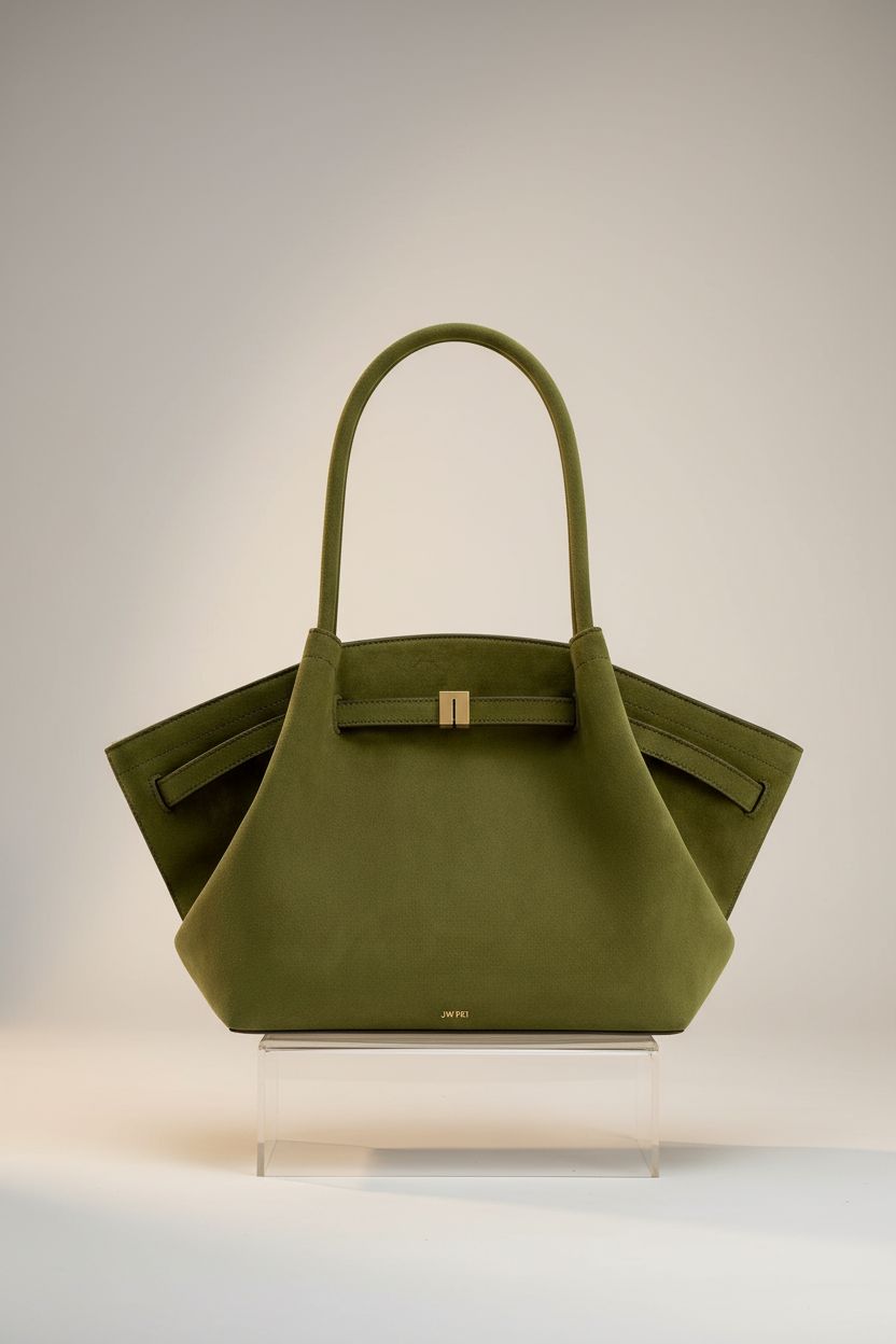 JW PEI Women's Hana Medium Faux Suede Tote Bag in Dark Olive displayed in a studio setting