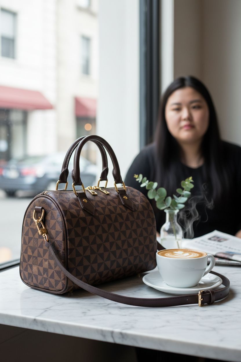 Lacel Urwebin brown satchel handbag resting on marble table with coffee and greenery in cozy café.