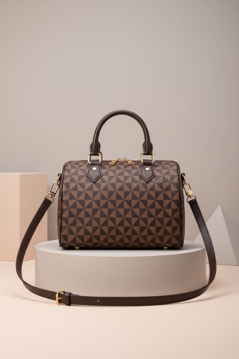 Lacel Urwebin designer brown handbag showcasing elegant stitching and gold hardware on a minimalist pedestal.