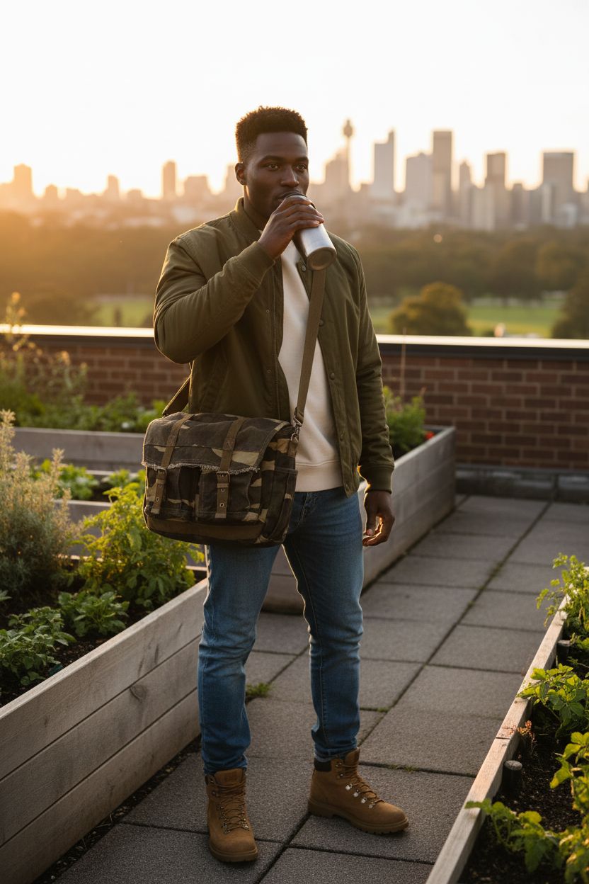 GOOTIUM camo purse worn crossbody during golden hour, perfect for hikes and commutes.