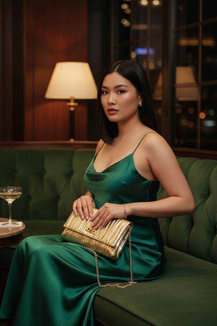 Babeyond pleated clutch purse on lap, exuding luxury in a hotel lounge setting.