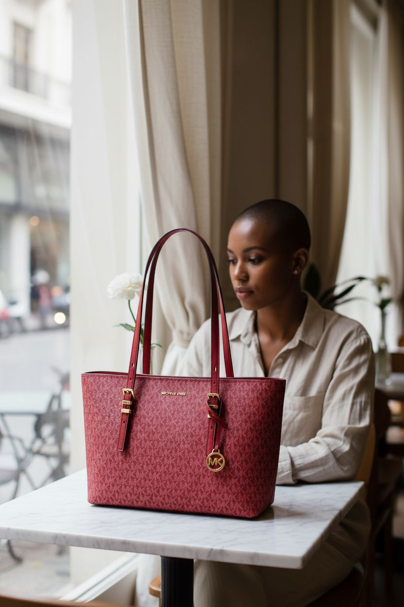 Michael Kors Quinn Medium Tote elegantly displayed in a boutique café, emphasizing its crafted detail.