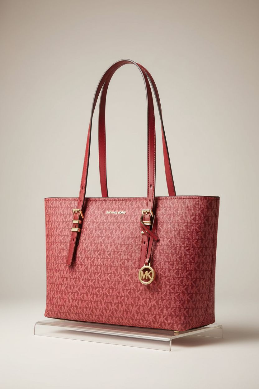 Close-up of Michael Kors Quinn Medium Tote, showcasing its rich canvas texture and gold-tone hardware.