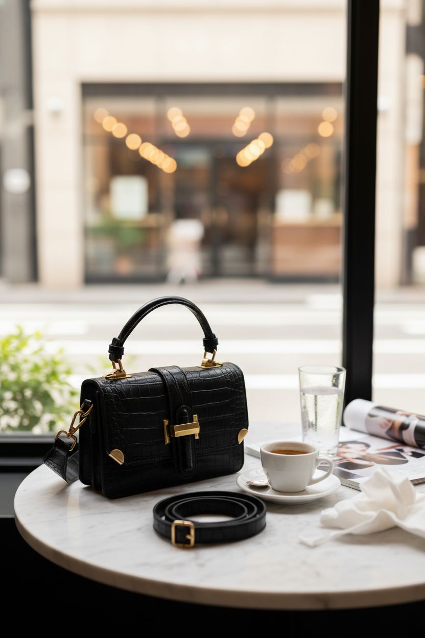 LL LOPPOP black croc bag on marble café table next to espresso, exuding luxury vibe